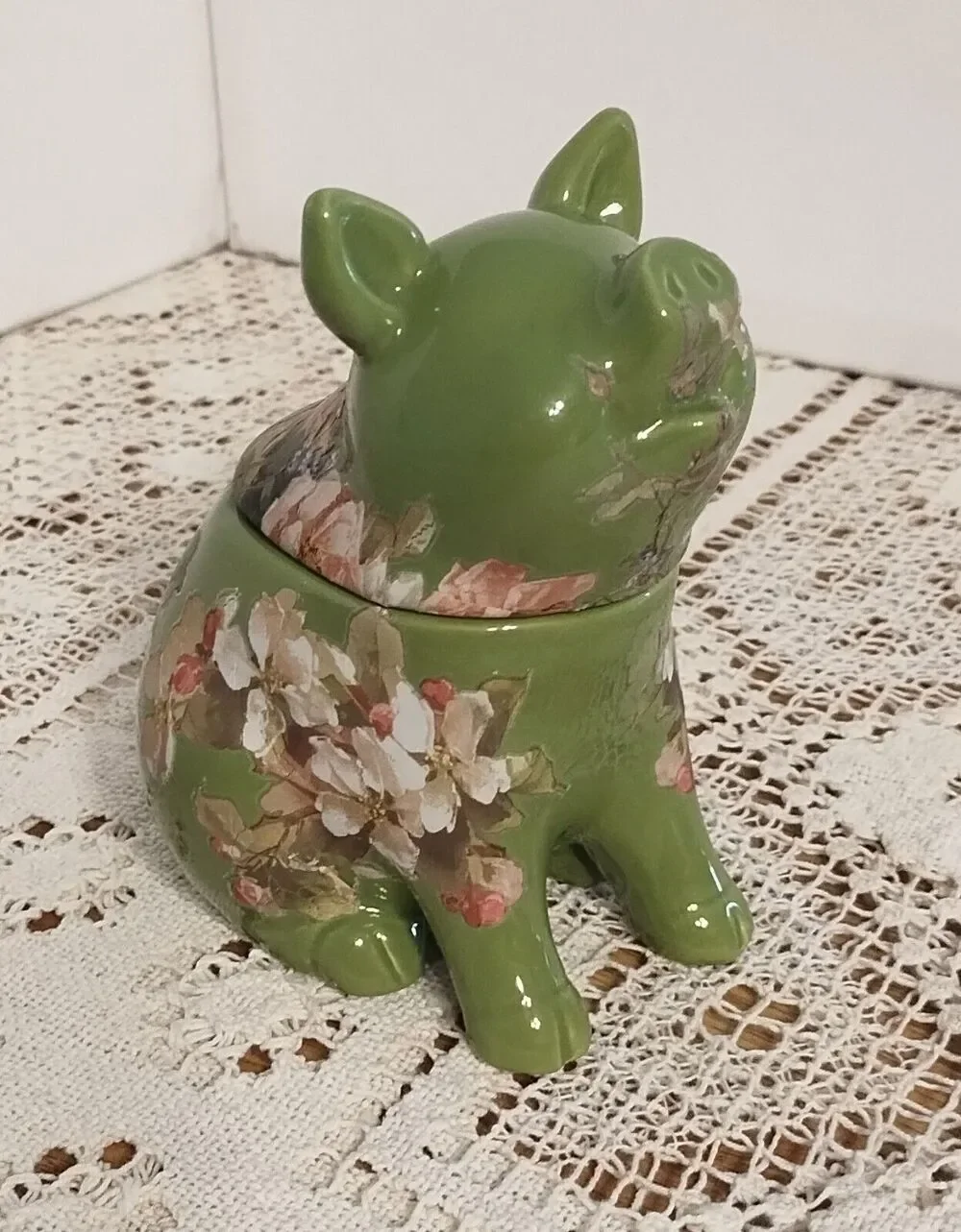 Small Green Ceramic Pig Shaped Jar w/Lid Floral Transfers Added Gently Hand Wipe